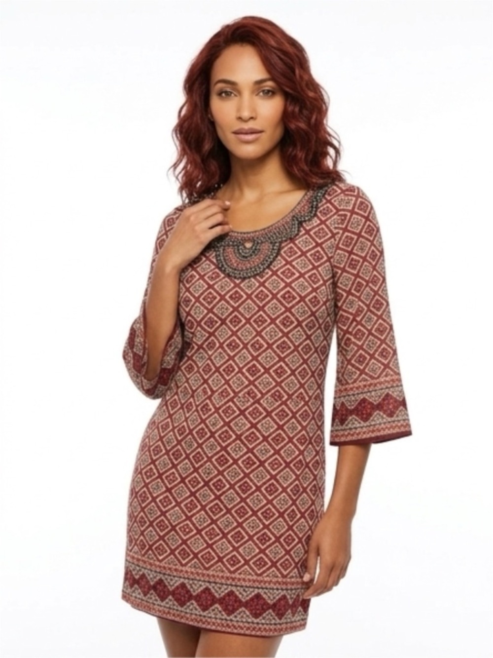 Harper Beaded Neckline Geometric Diamond Print Shift Dress Size M